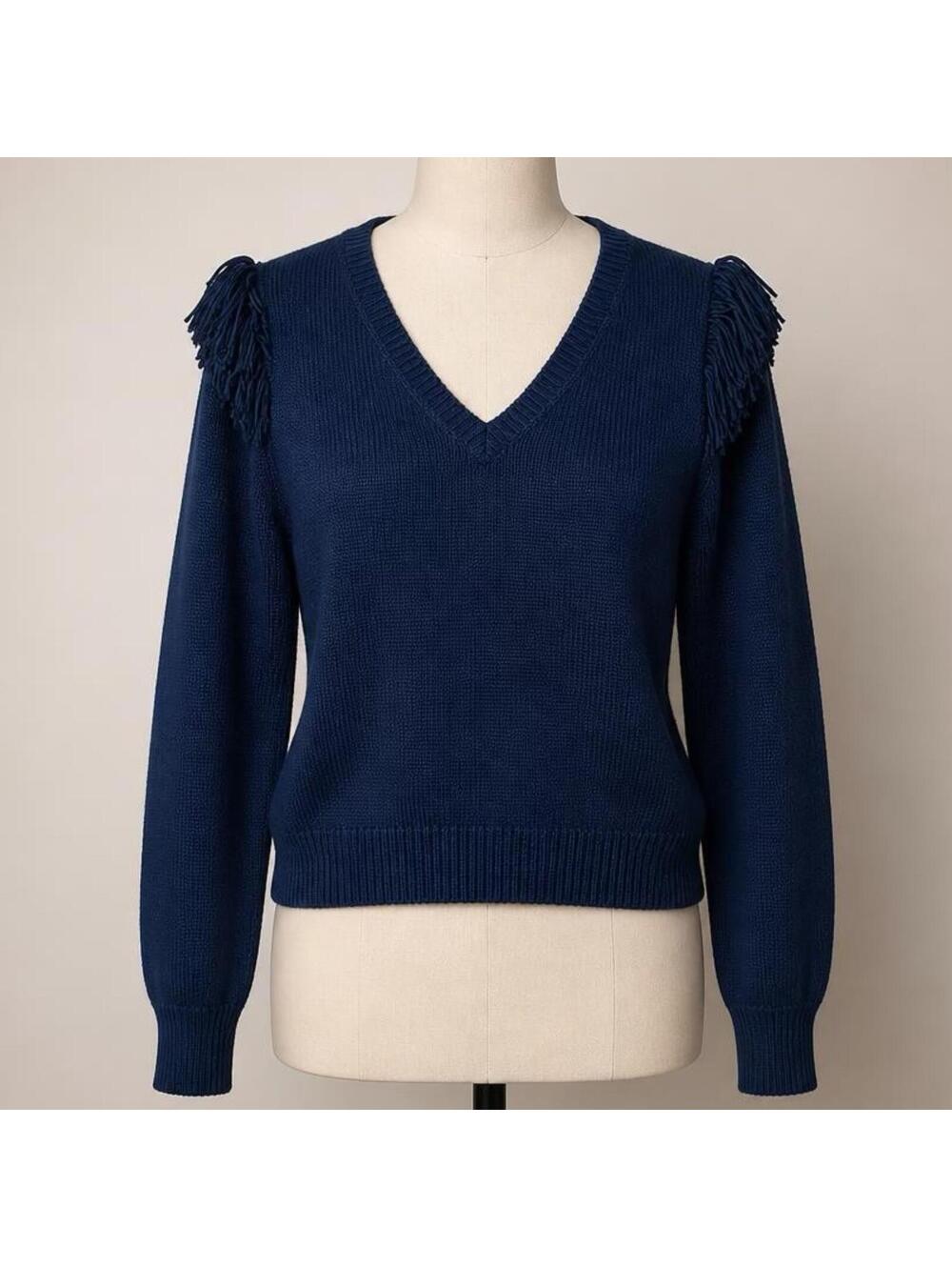 Lilly Pulitzer Nassandra Navy Blue Fringe V-Neck Sweater Size Small